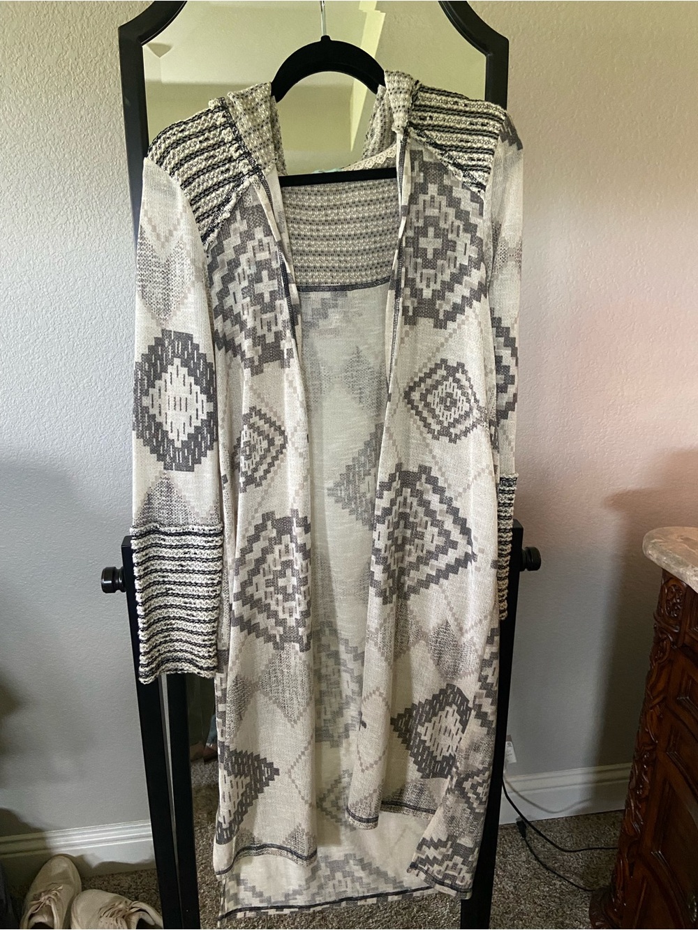 Maurices Cream and Gray Aztec Hooded Open Cardigan